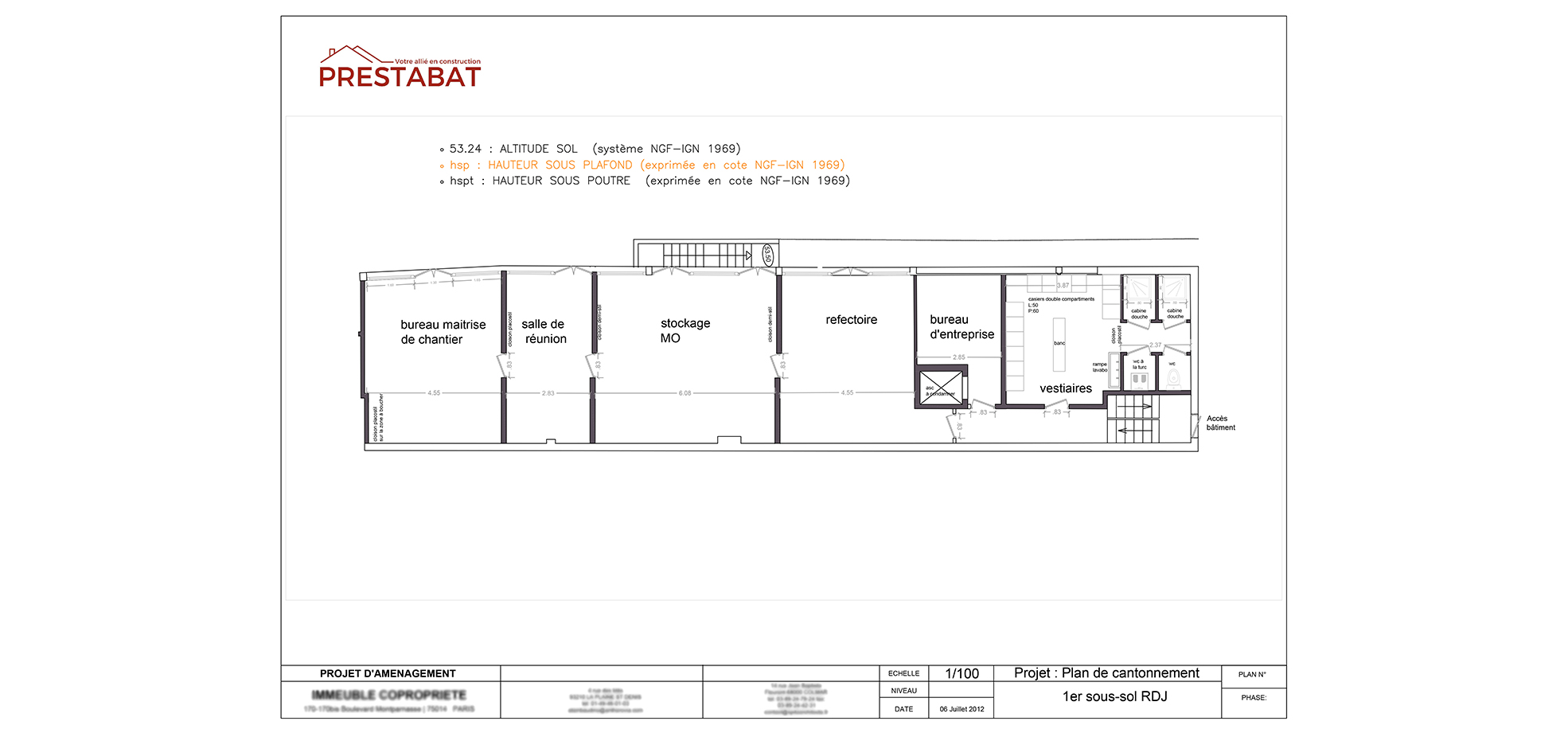 Plan de chantier normalisé livré par PRESTABAT, à l'échelle, avec légende et cartouche