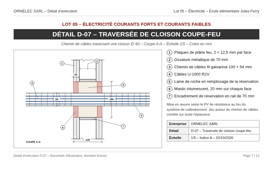 Détail d'exécution coté d'une traversée de cloison coupe-feu par un chemin de câbles