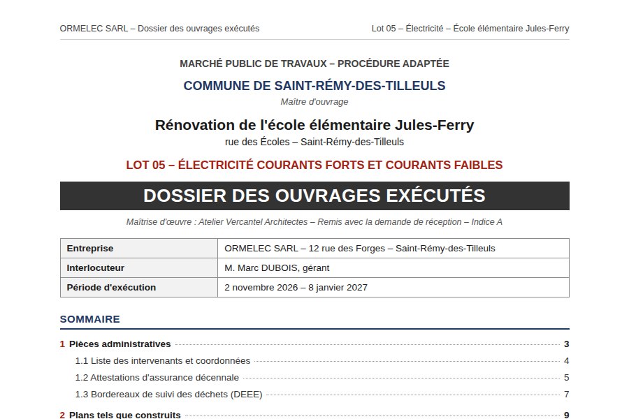 Sommaire du dossier des ouvrages exécutés du lot électricité d'une école