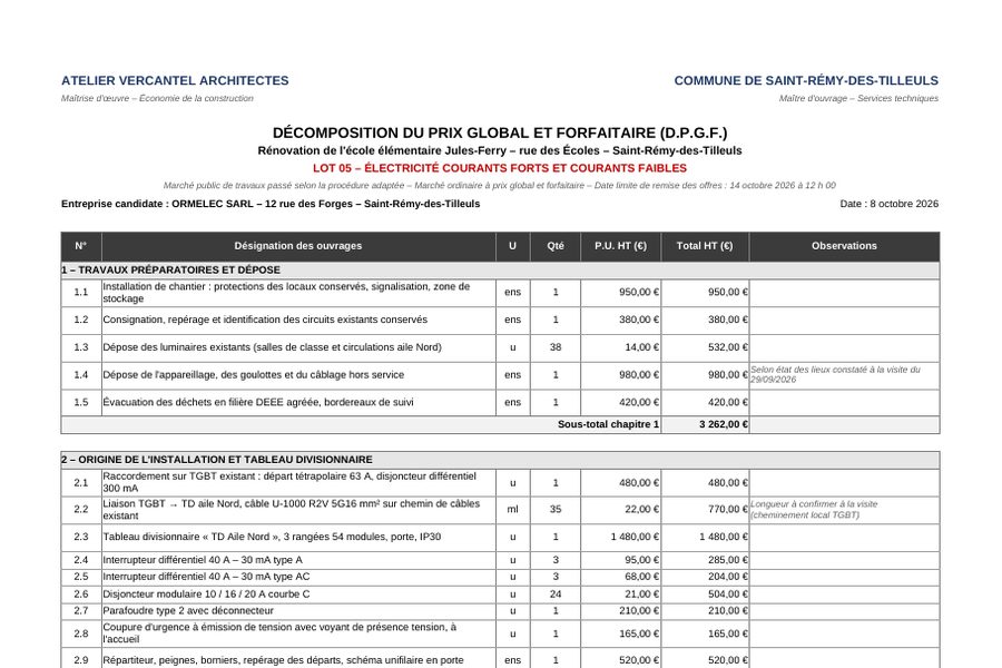 DPGF chiffrée ligne à ligne