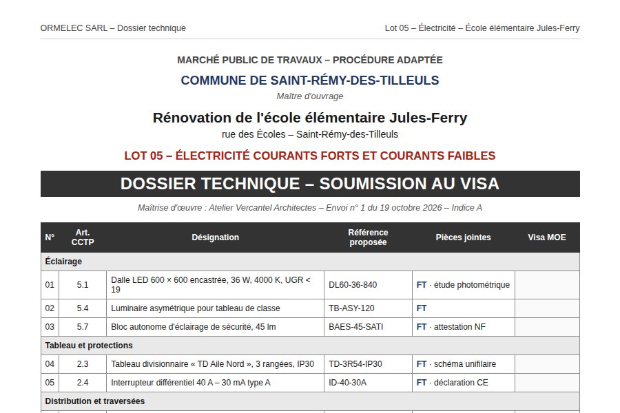 Bordereau de soumission au visa du maître d'œuvre, lot électricité d'une école