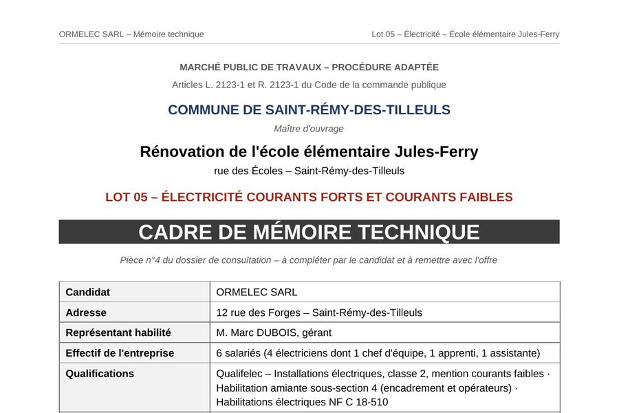 Cadre de mémoire technique complété pour un marché public